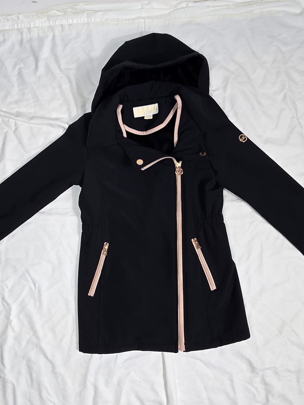 Michael Kors Black Hooded Pea Coat with Pink Trim
